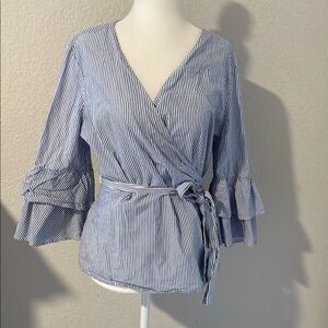 Beachlunchlounge Blue Pin Stripe Top Wrap around Blouse with Ruffled 3/4 Sleeves